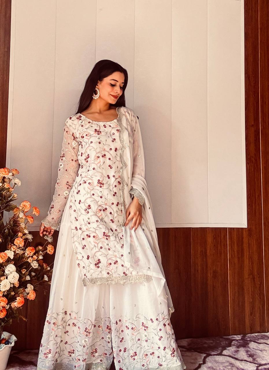 White Festive Georgette Sharara Set with Sequins, Thread & Zari Work