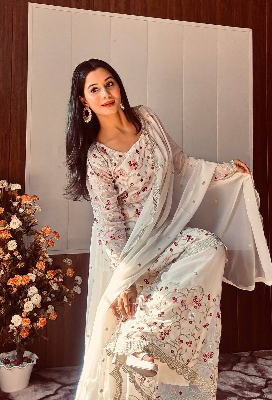 White Festive Georgette Sharara Set with Sequins, Thread & Zari Work