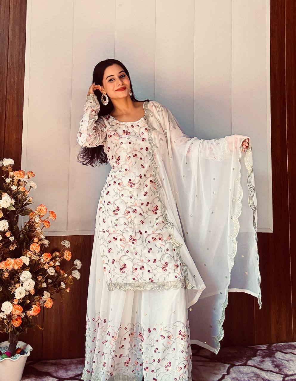 White Festive Georgette Sharara Set with Sequins, Thread & Zari Work