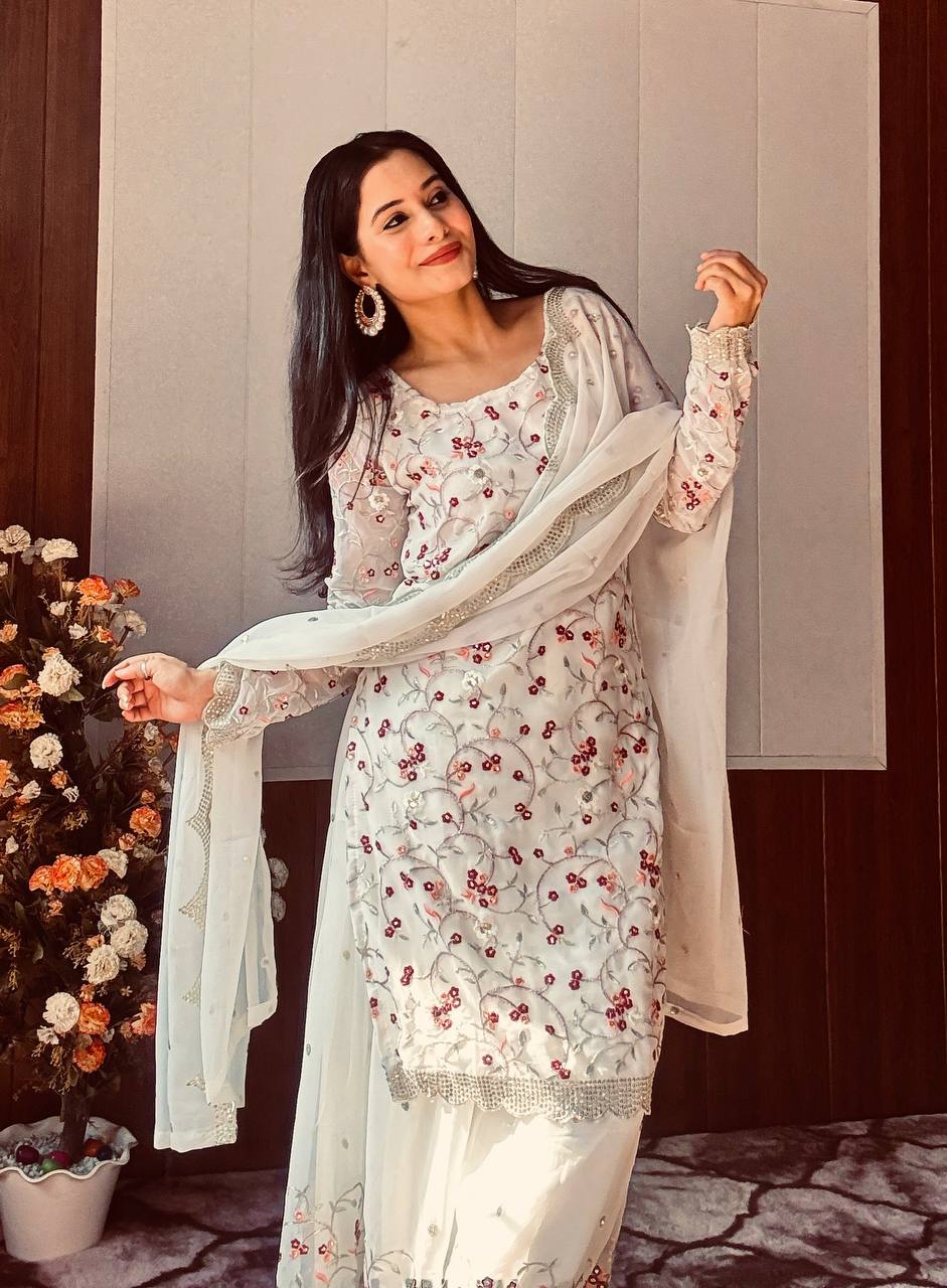 White Festive Georgette Sharara Set with Sequins, Thread & Zari Work