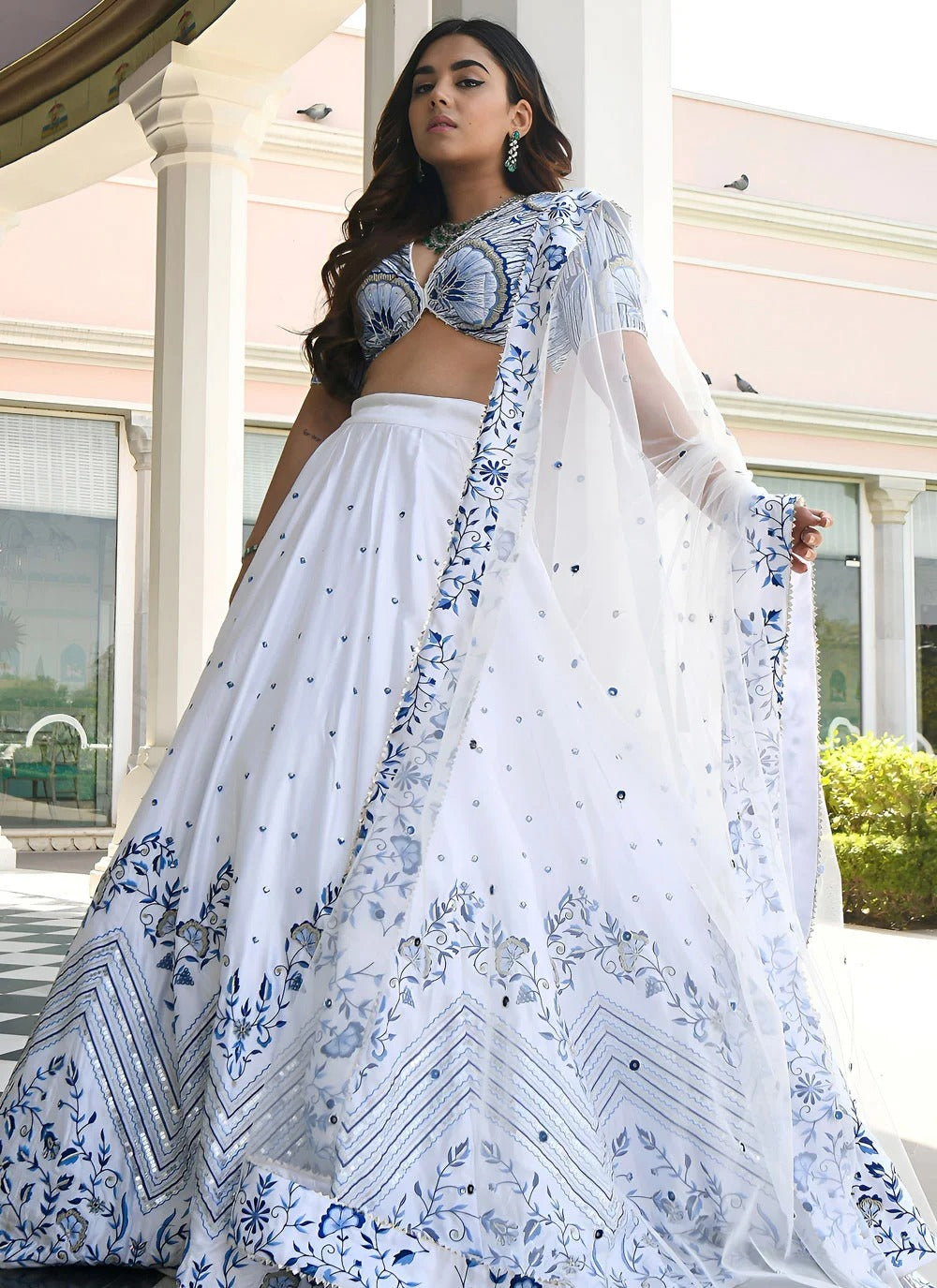 White satin bridesmaid lehenga with zari sequins embroidery dupatta