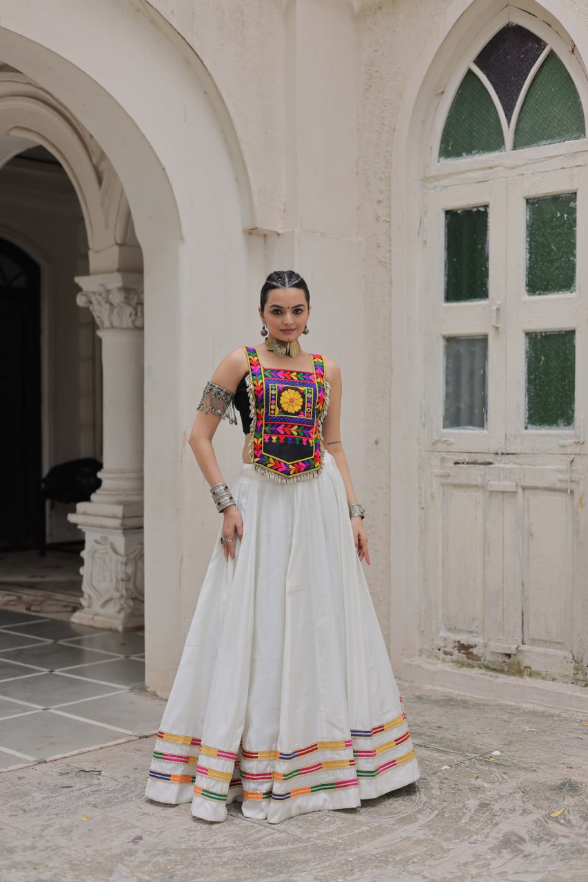 White Festive Roman Fabric Lehenga with black Kutchi Gamthi Embroidered Top