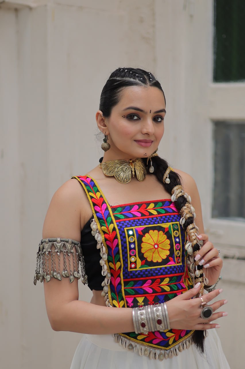 White Festive Roman Fabric Lehenga with black Kutchi Gamthi Embroidered Top