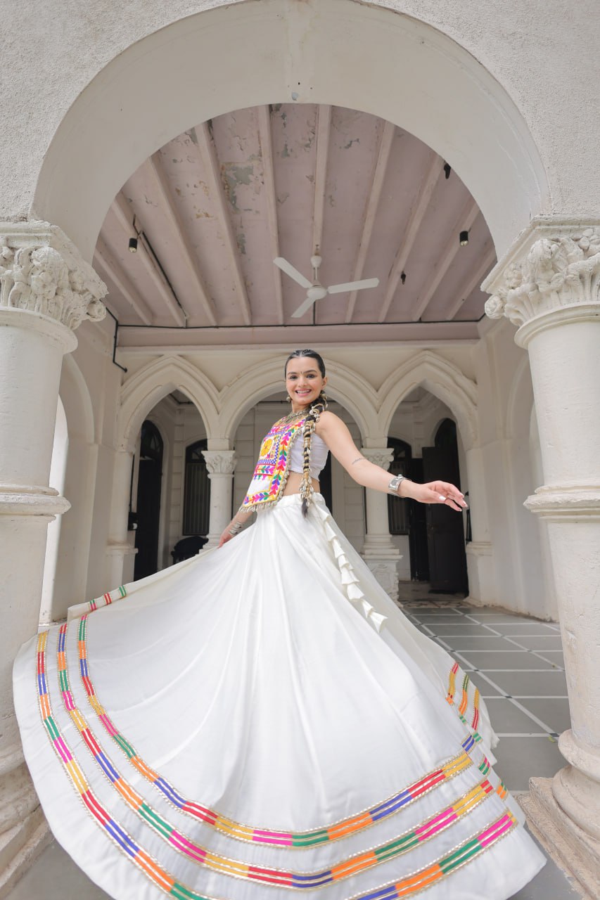 White Festive Roman Fabric Lehenga with Kutchi Gamthi Embroidered Top