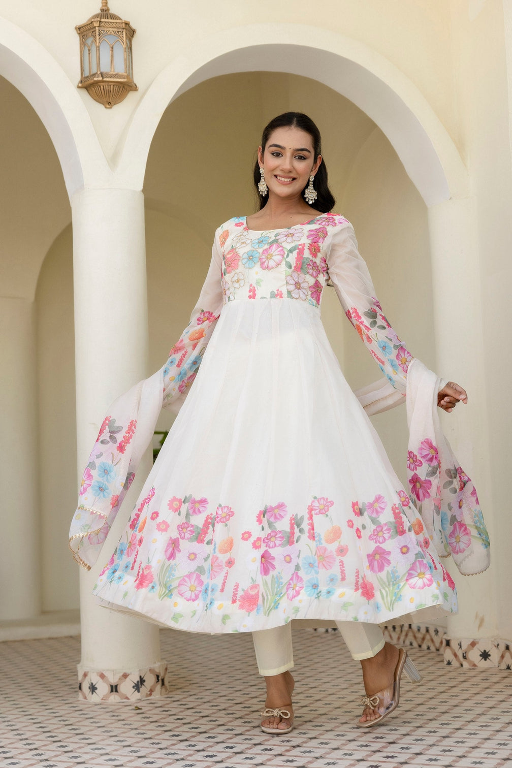 White Floral Digital Printed Organza Silk Anarkali Set with Gota Lace Dupatta – Fully Stitched