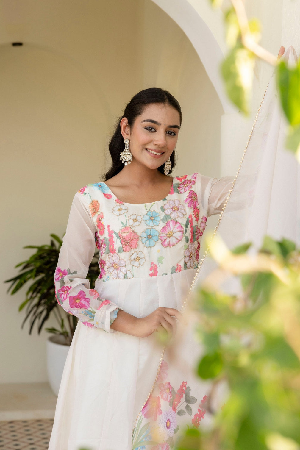 White Floral Digital Printed Organza Silk Anarkali Set with Gota Lace Dupatta – Fully Stitched