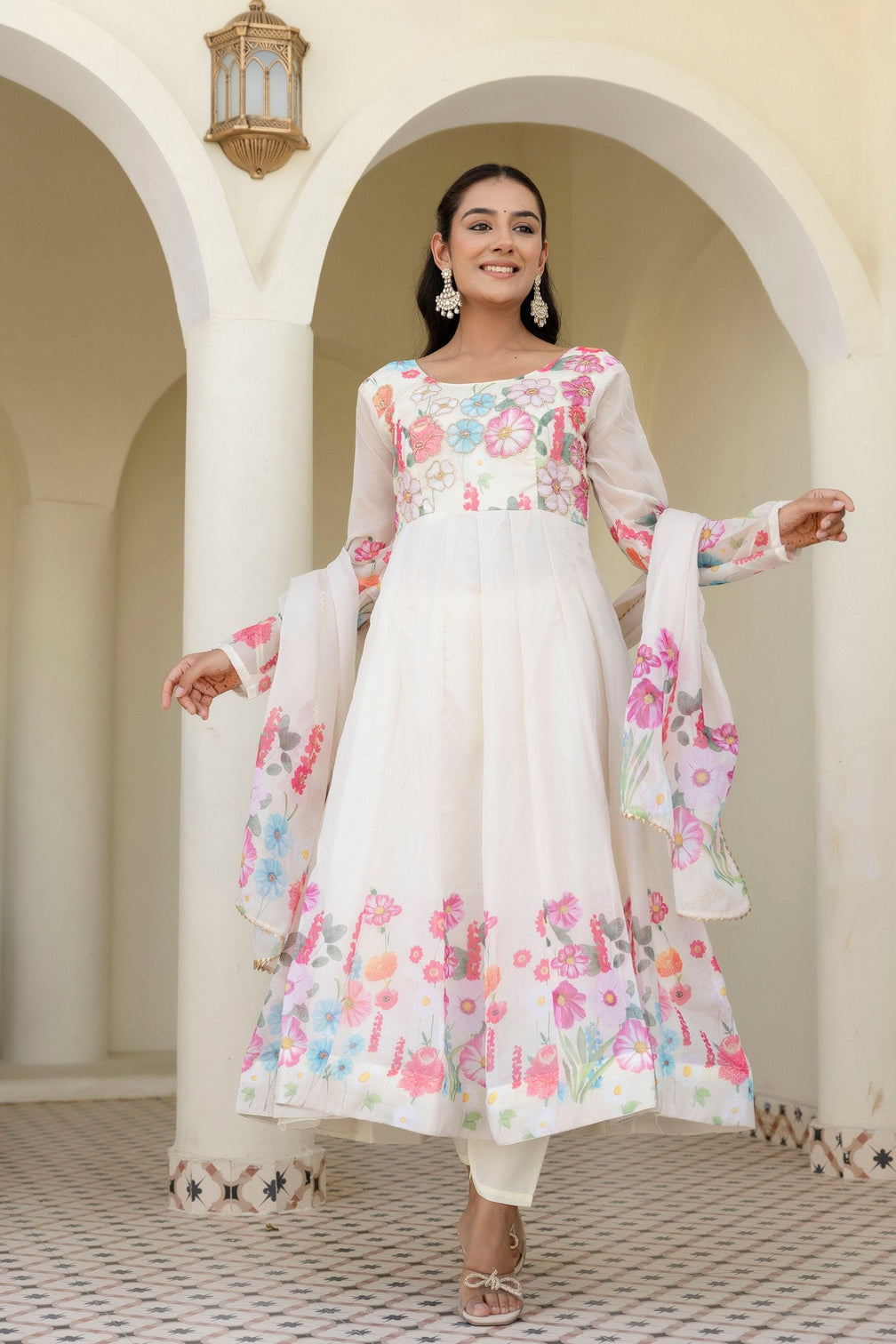 White Floral Digital Printed Organza Silk Anarkali Set with Gota Lace Dupatta – Fully Stitched
