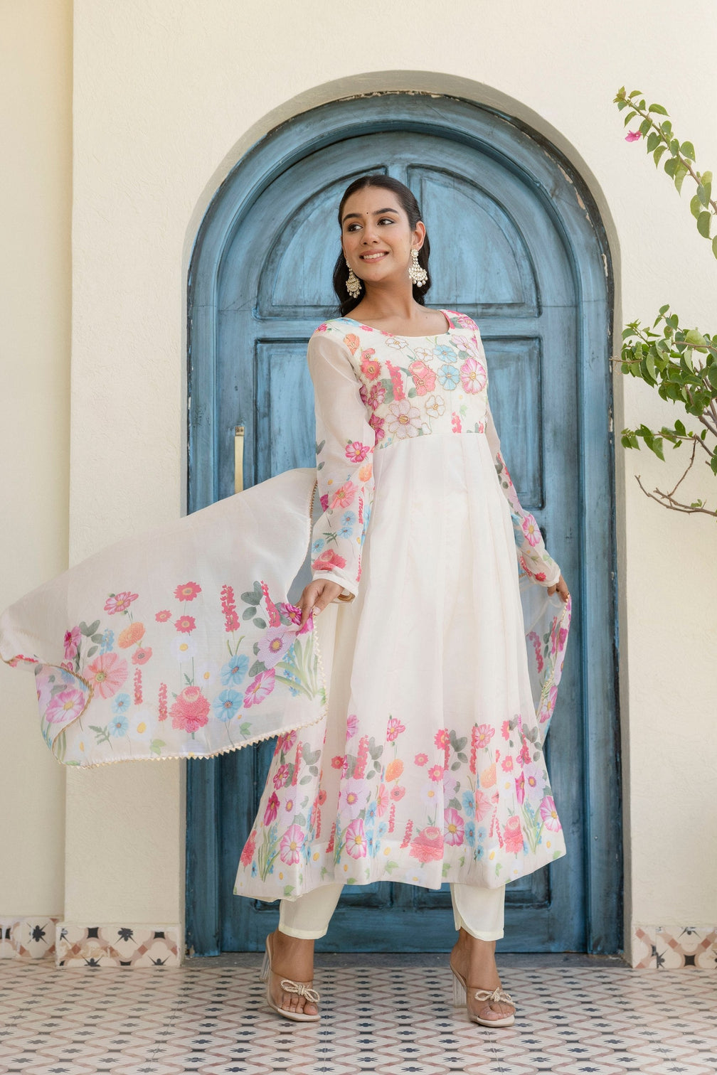 White Floral Digital Printed Organza Silk Anarkali Set with Gota Lace Dupatta – Fully Stitched