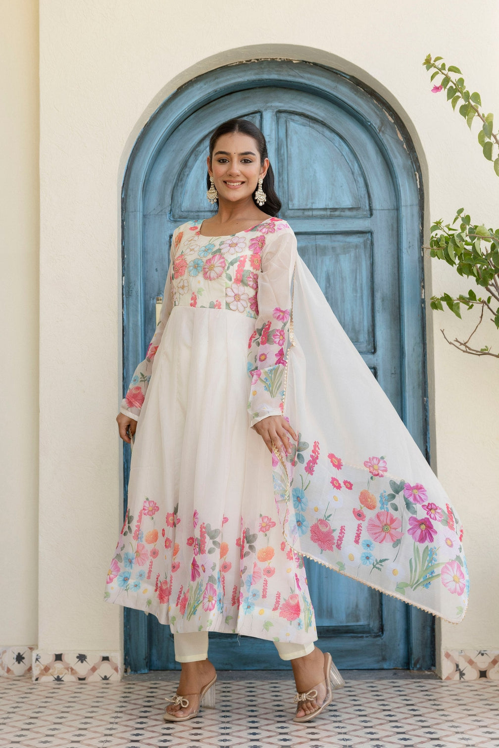 White Floral Digital Printed Organza Silk Anarkali Set with Gota Lace Dupatta – Fully Stitched