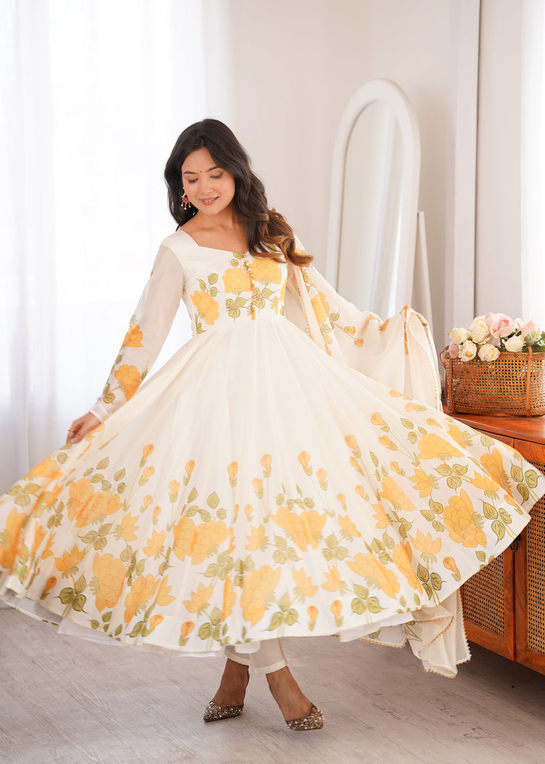 White Floral Organza Silk Anarkali Gown
