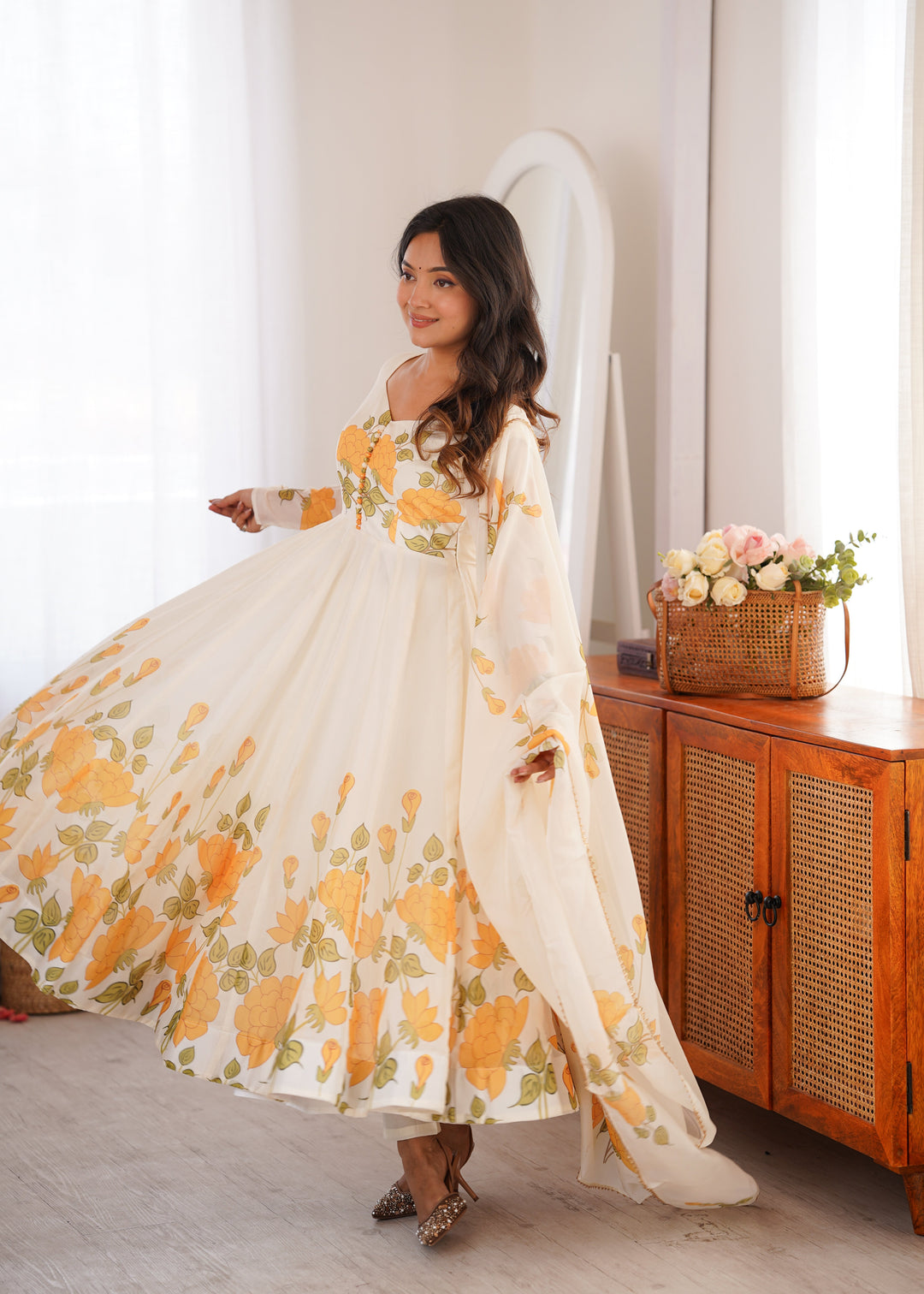 White Floral Organza Silk Anarkali Gown