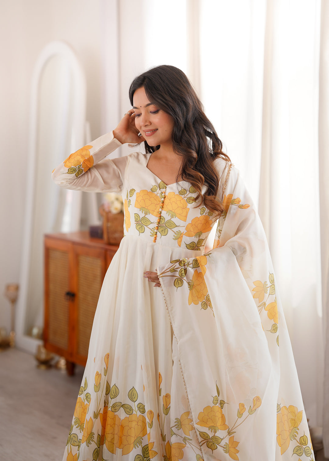 White Floral Organza Silk Anarkali Gown