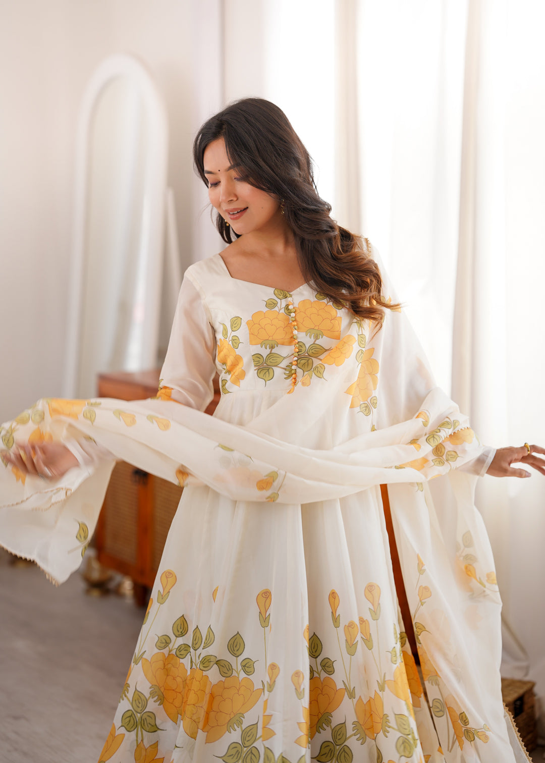 White Floral Organza Silk Anarkali Gown