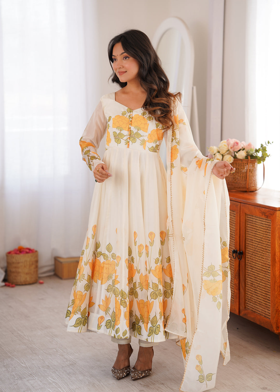 White Floral Organza Silk Anarkali Gown