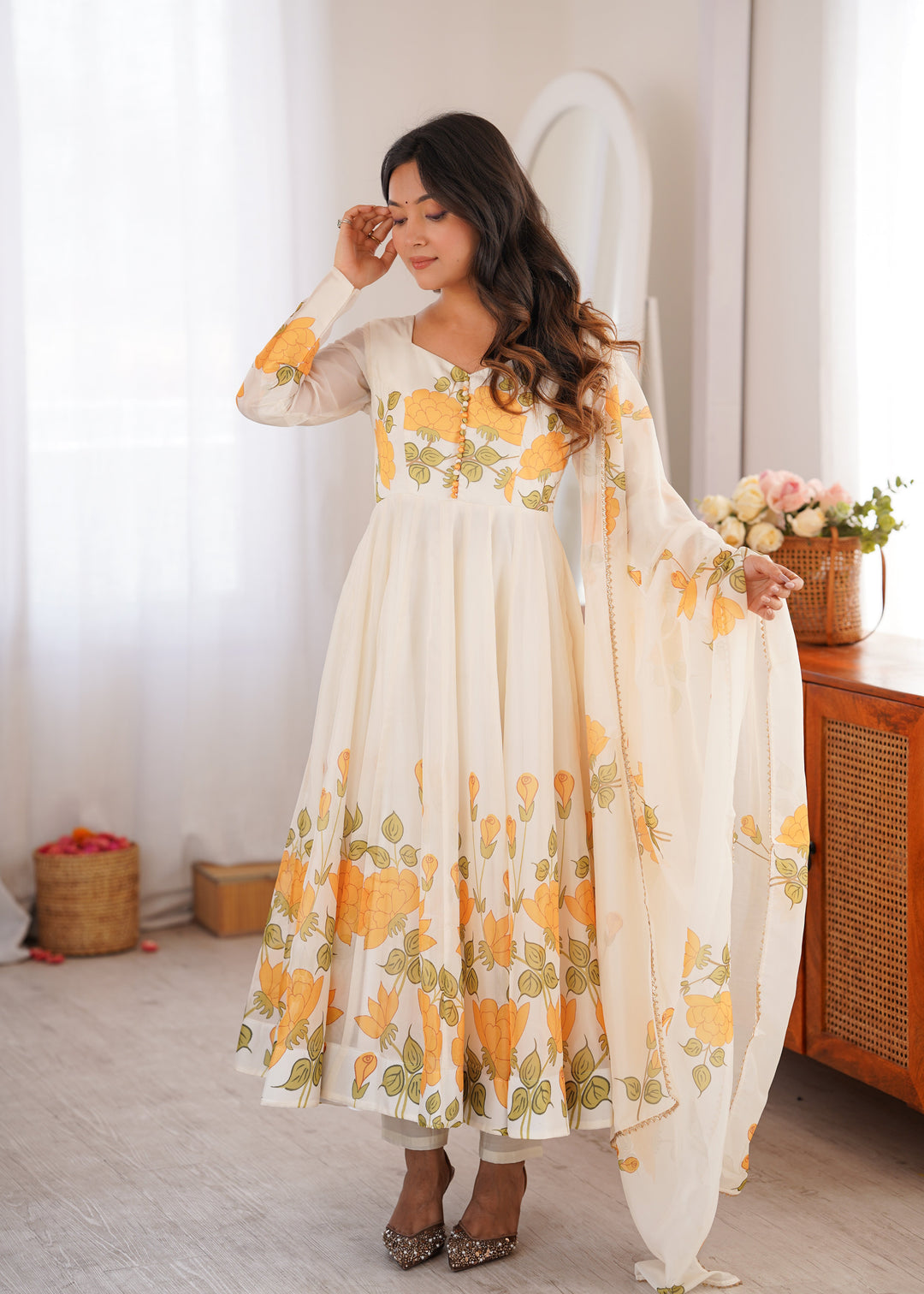 White Floral Organza Silk Anarkali Gown