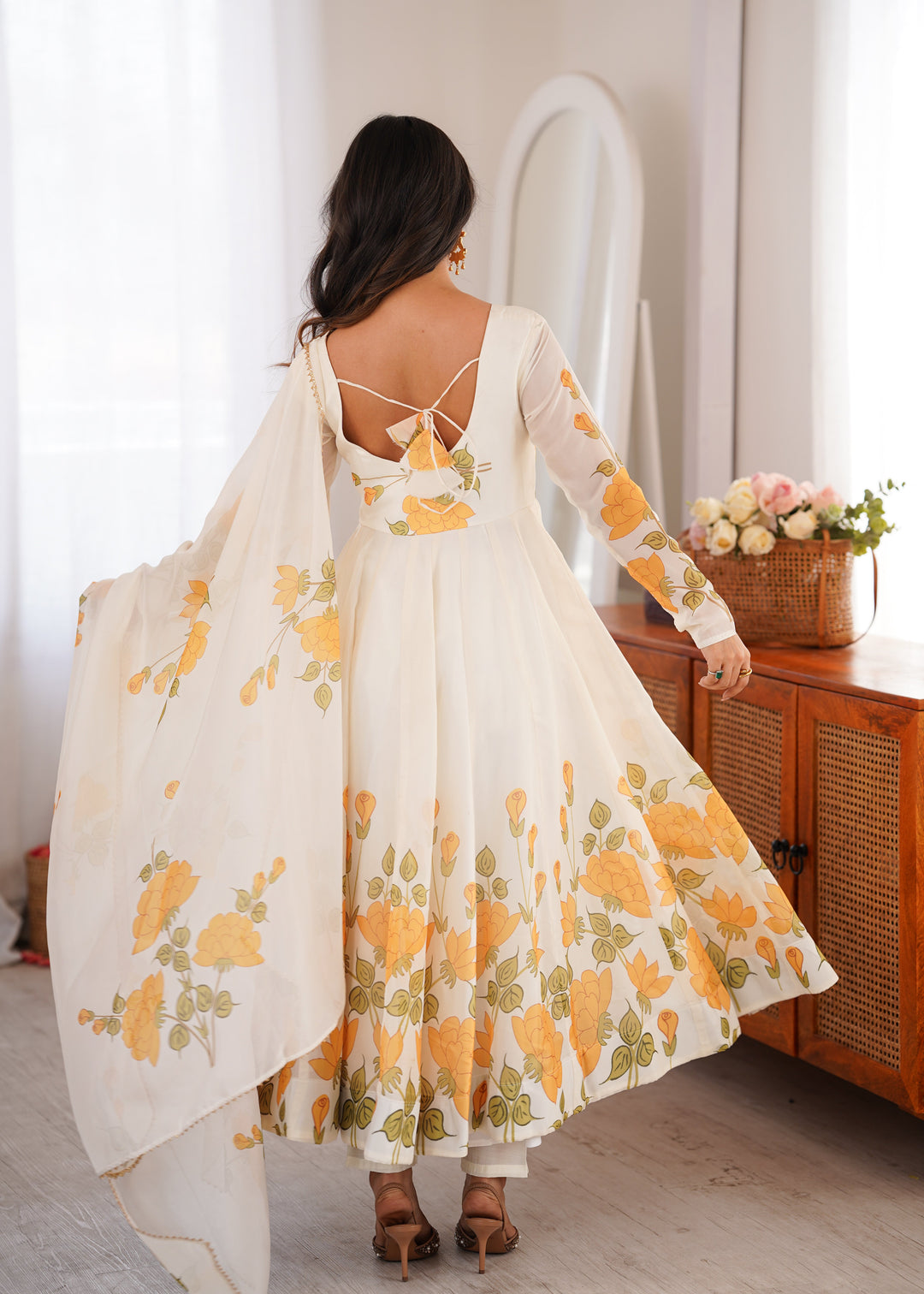 White Floral Organza Silk Anarkali Gown