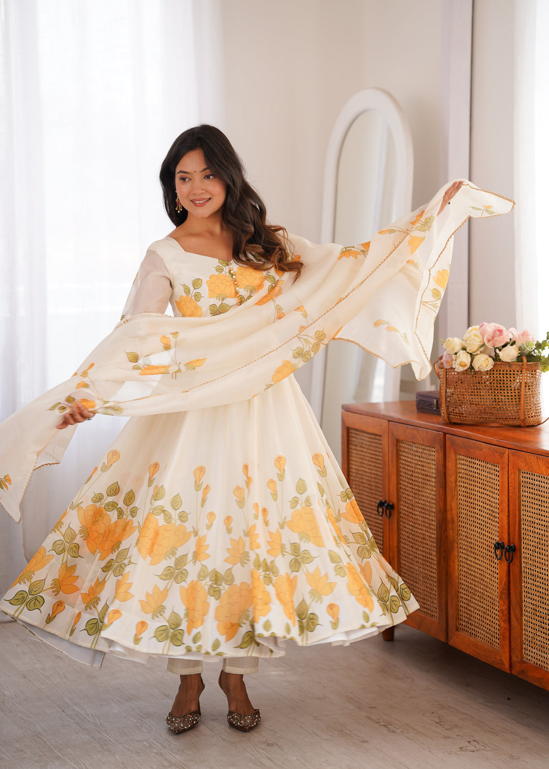 White Floral Organza Silk Anarkali Gown