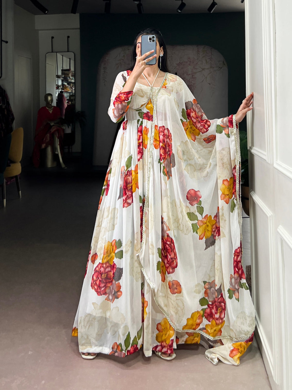 White Floral Print Chiffon Stitched Gown with Lace Touch-Up & Designer Dupatta – Full Flair Partywear Gown for Women