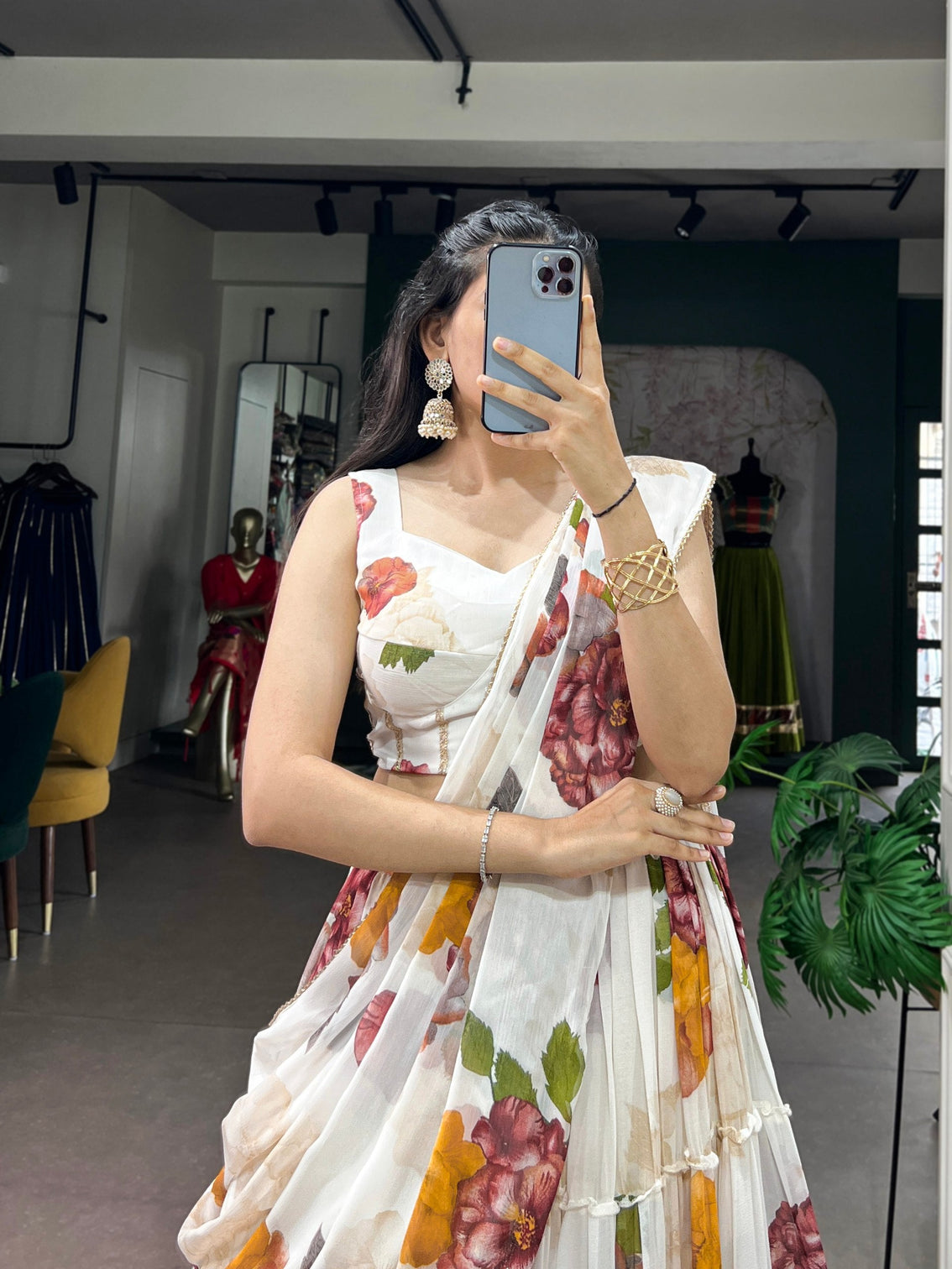White Floral Print Lehenga Set