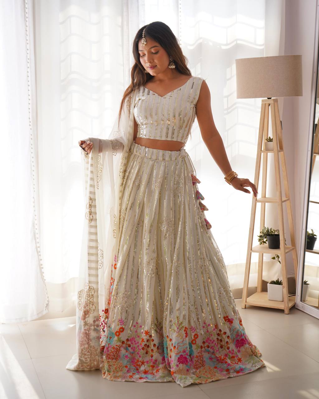 White Fox Georgette Sequin Embellished Lehenga Set – Dual Sequin Sparkle
