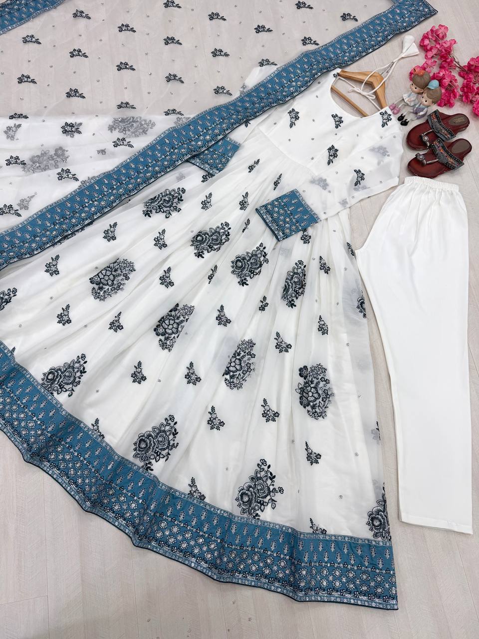White Georgette Embroidered Gown