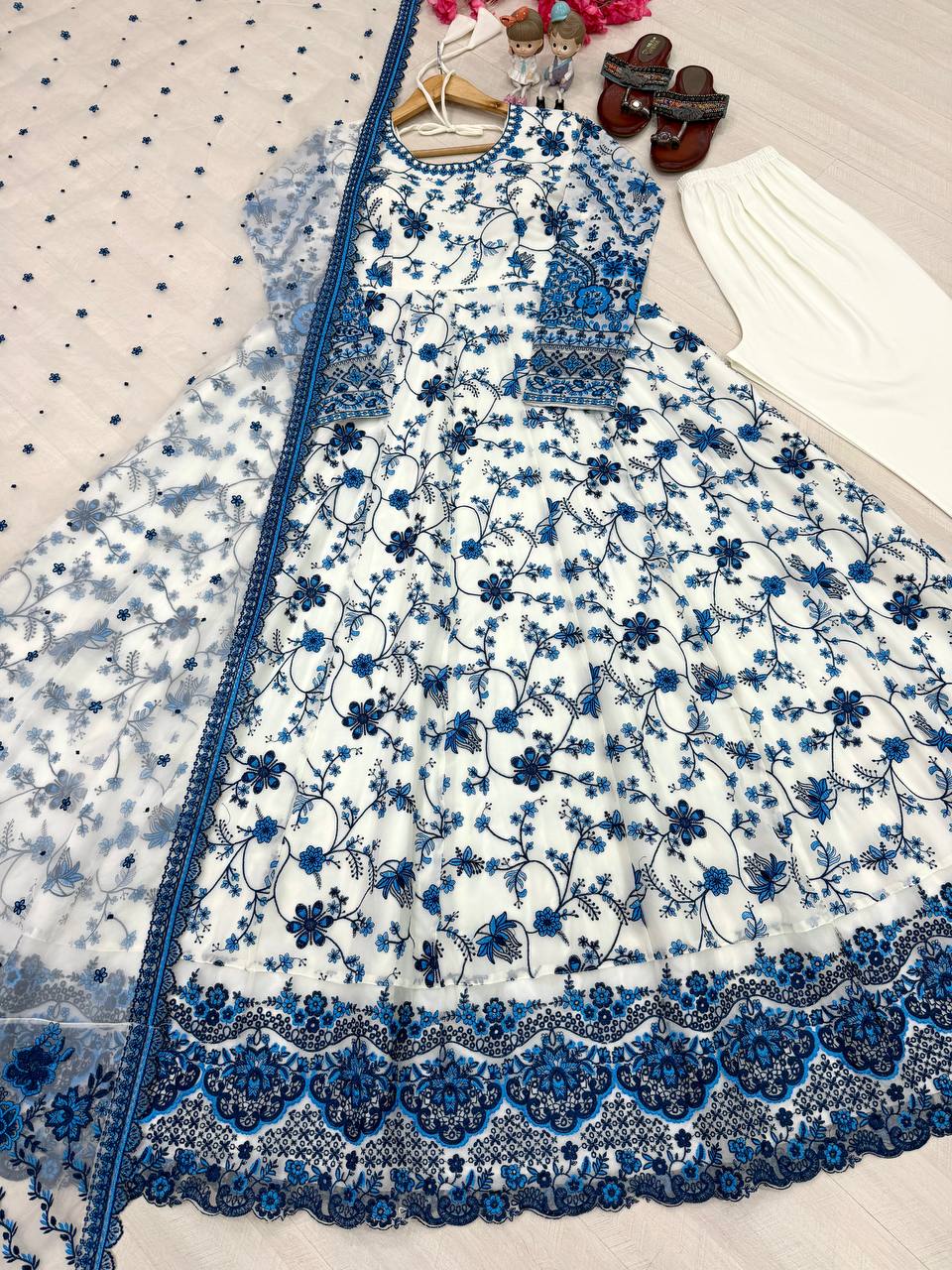 White Georgette & Organza Silk Gown