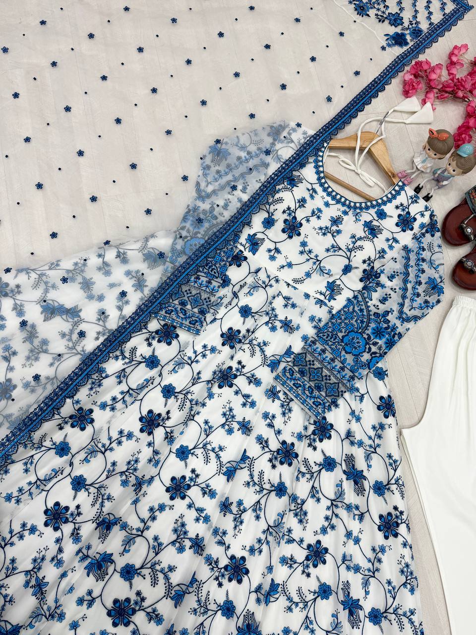 White Georgette & Organza Silk Gown