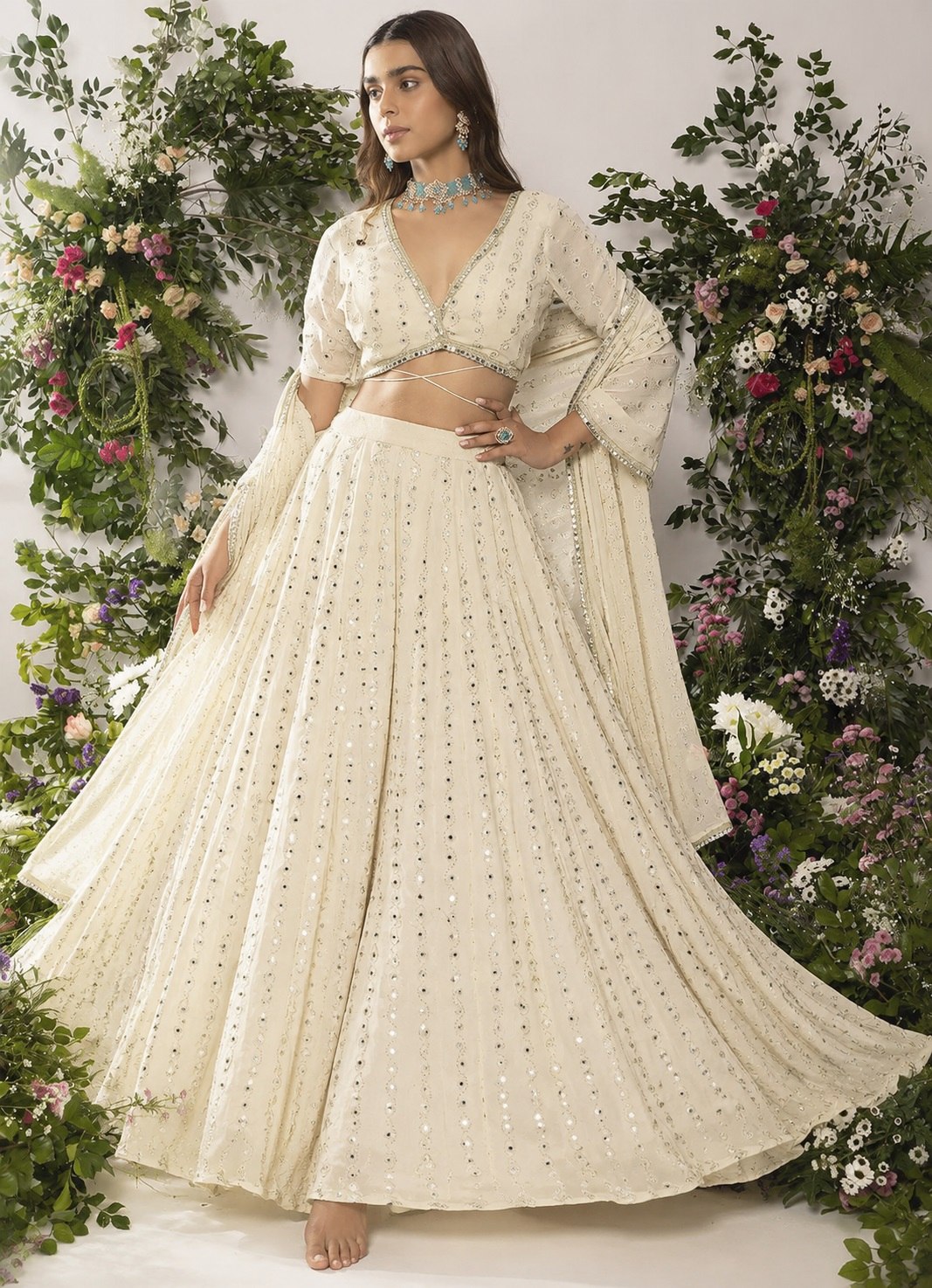 White Georgette Sequin Embroidered Lehenga