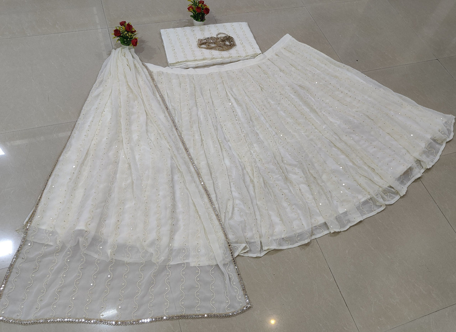 White Georgette Sequin Embroidered Lehenga