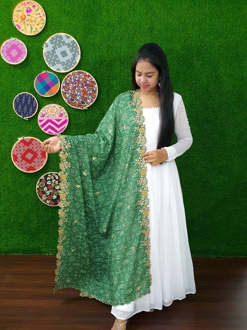 White Georgette Thousand Butti Gown with Rich Bandhej Dupatta