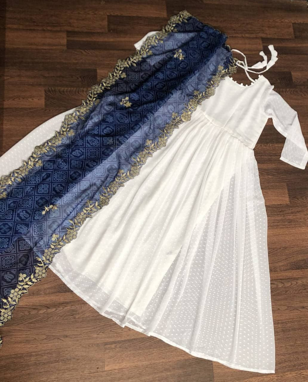 White Georgette Thousand Butti Gown with Rich Bandhej Dupatta