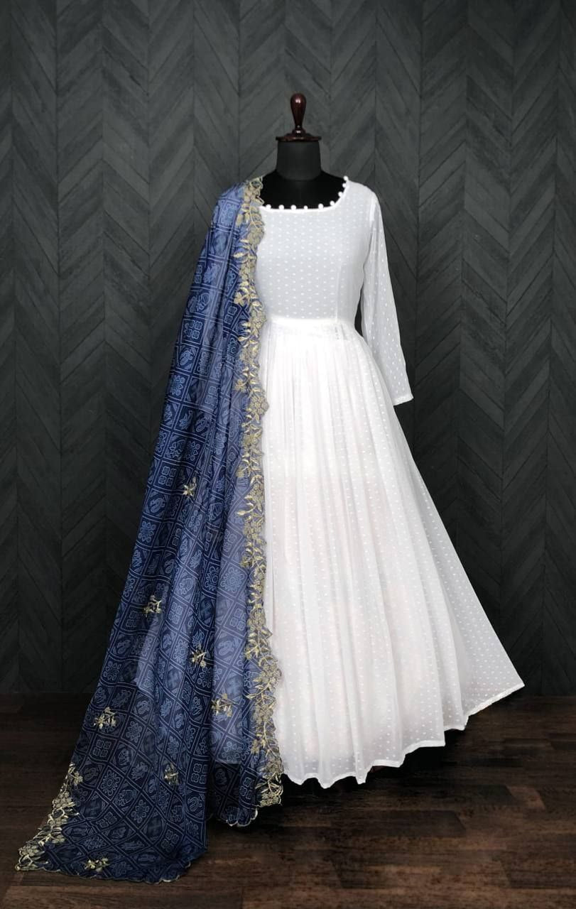 White Georgette Thousand Butti Gown with Rich Bandhej Dupatta