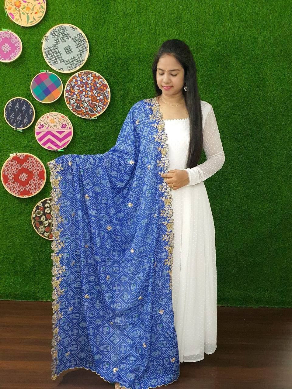 White Georgette Thousand Butti Gown with Rich Bandhej Dupatta