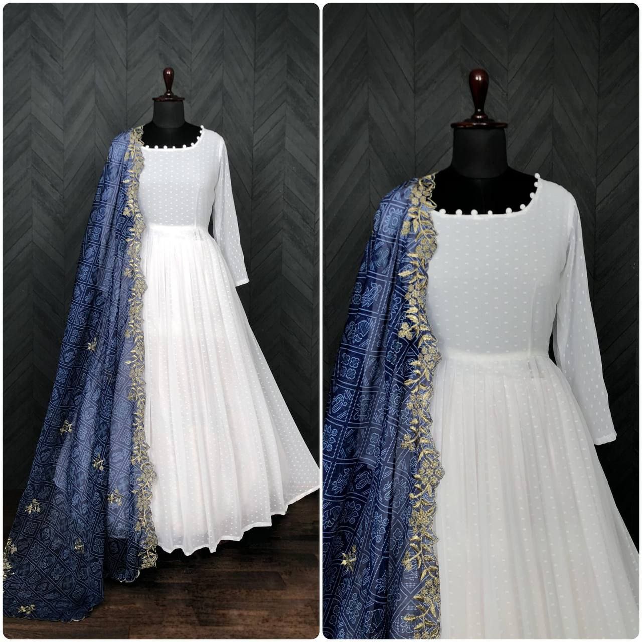 White Georgette Thousand Butti Gown with Rich Bandhej Dupatta