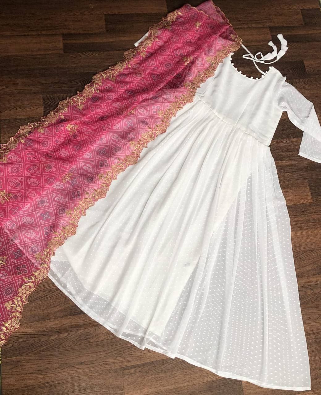 White Georgette Thousand Butti Gown with Rich Bandhej Dupatta