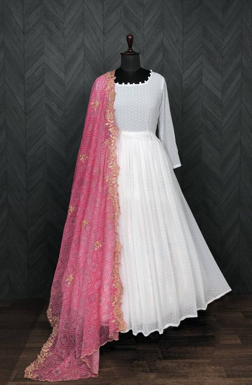 White Georgette Thousand Butti Gown with Rich Bandhej Dupatta