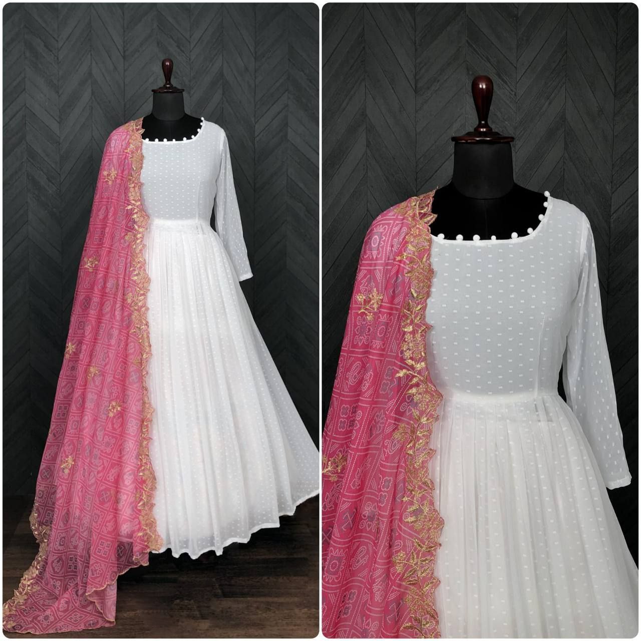 White Georgette Thousand Butti Gown with Rich Bandhej Dupatta