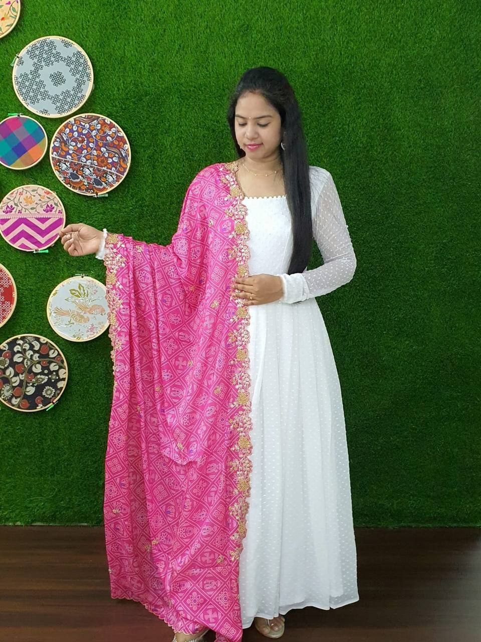 White Georgette Thousand Butti Gown with Rich Bandhej Dupatta