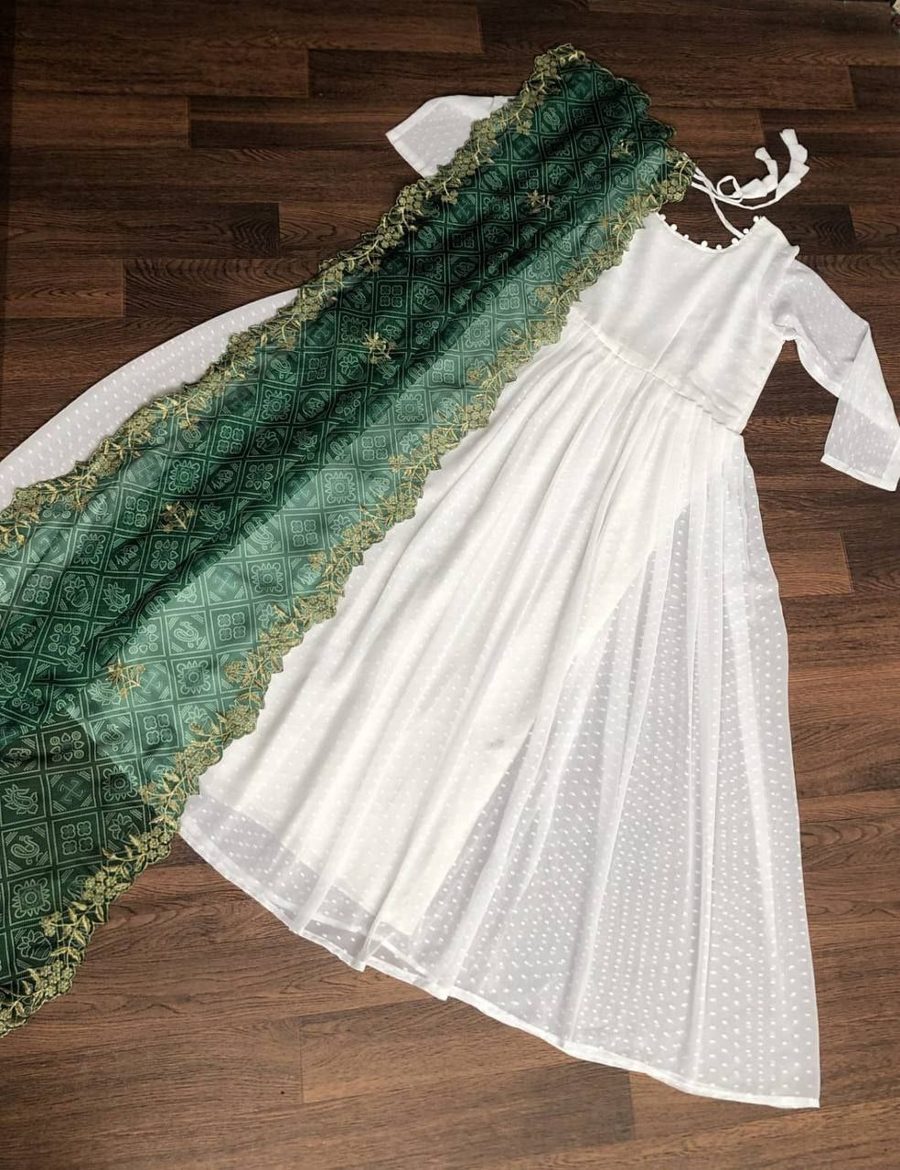 White Georgette Thousand Butti Gown with Rich Bandhej Dupatta