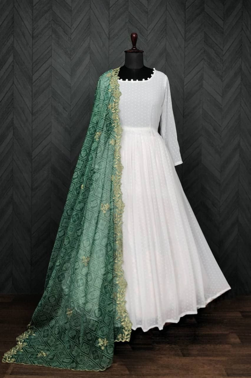 White Georgette Thousand Butti Gown with Rich Bandhej Dupatta