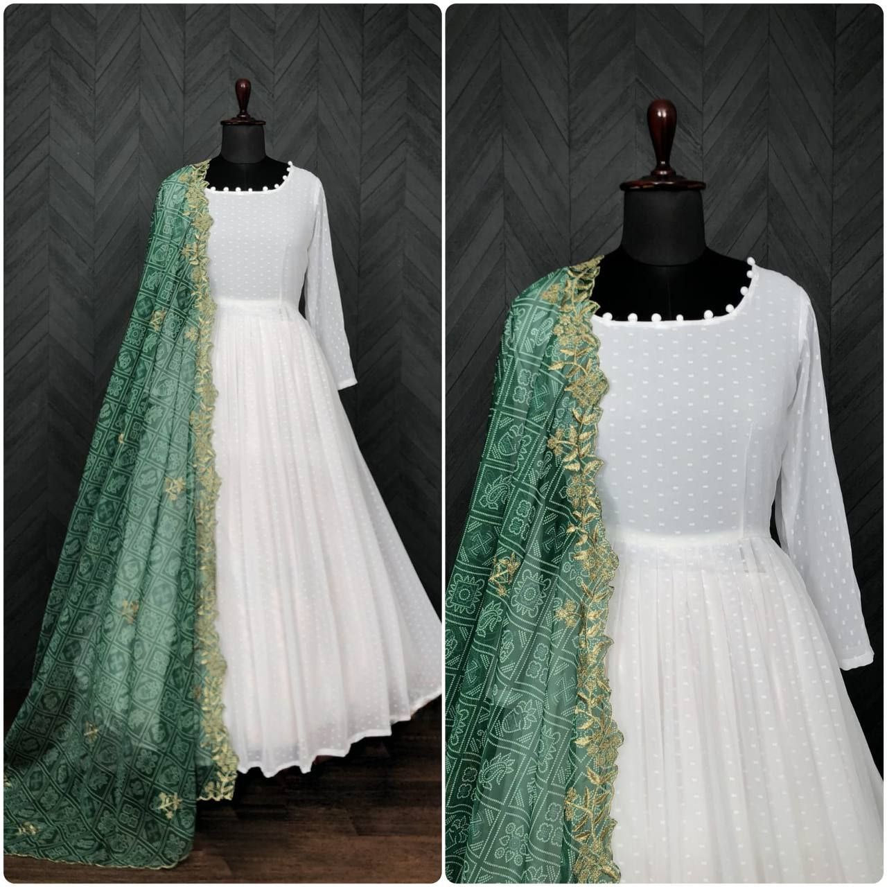 White Georgette Thousand Butti Gown with Rich Bandhej Dupatta