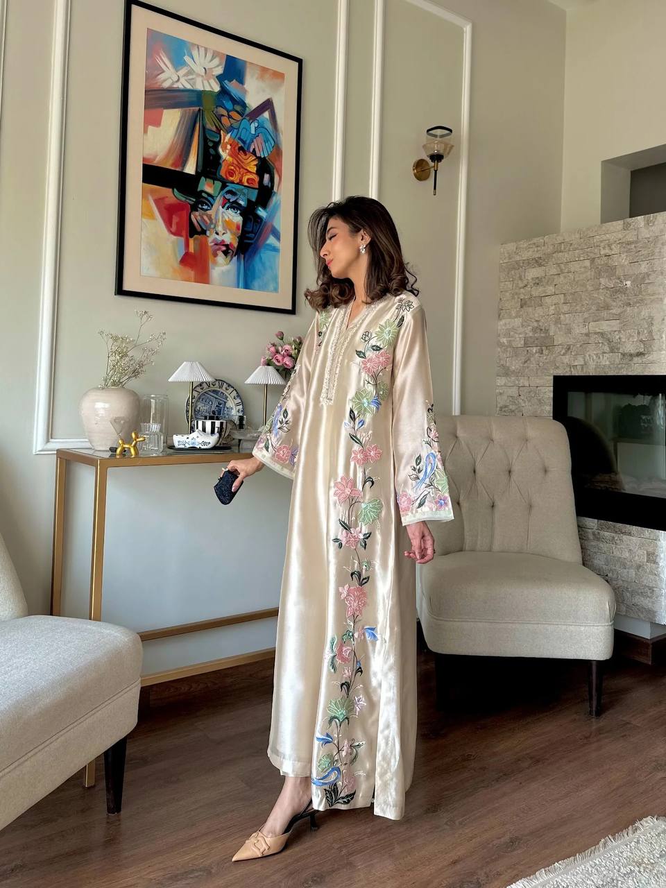 White Glass Embroidered Long Kaftan Set
