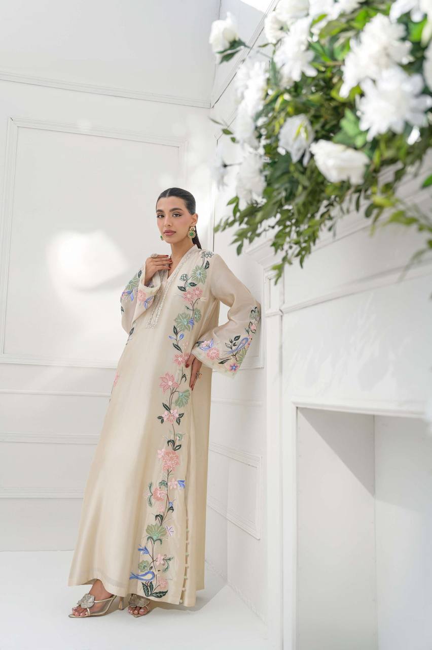 White Glass Embroidered Long Kaftan Set