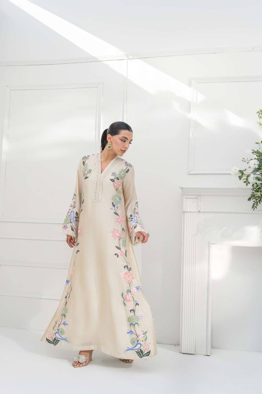 White Glass Embroidered Long Kaftan Set