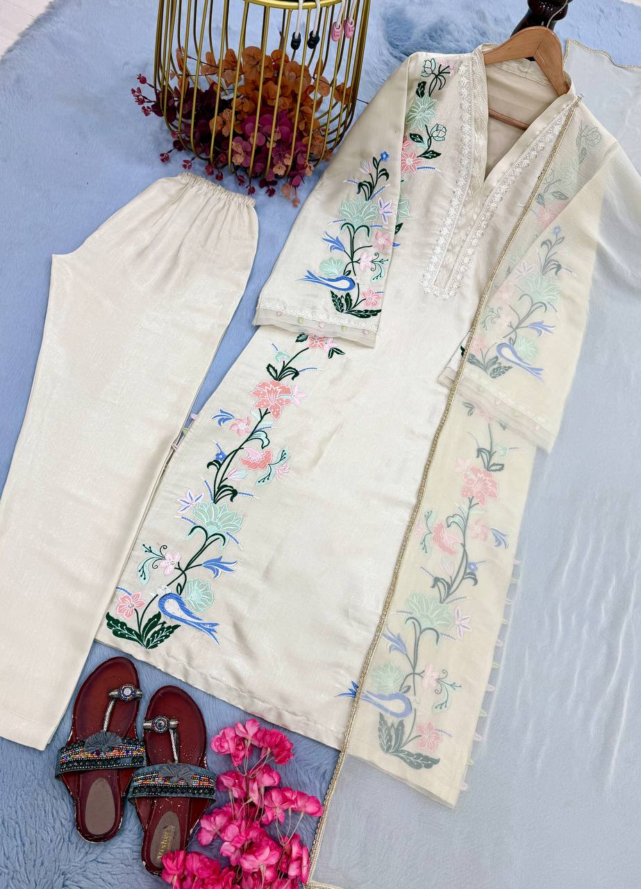 White Glass Embroidered Long Kaftan Set