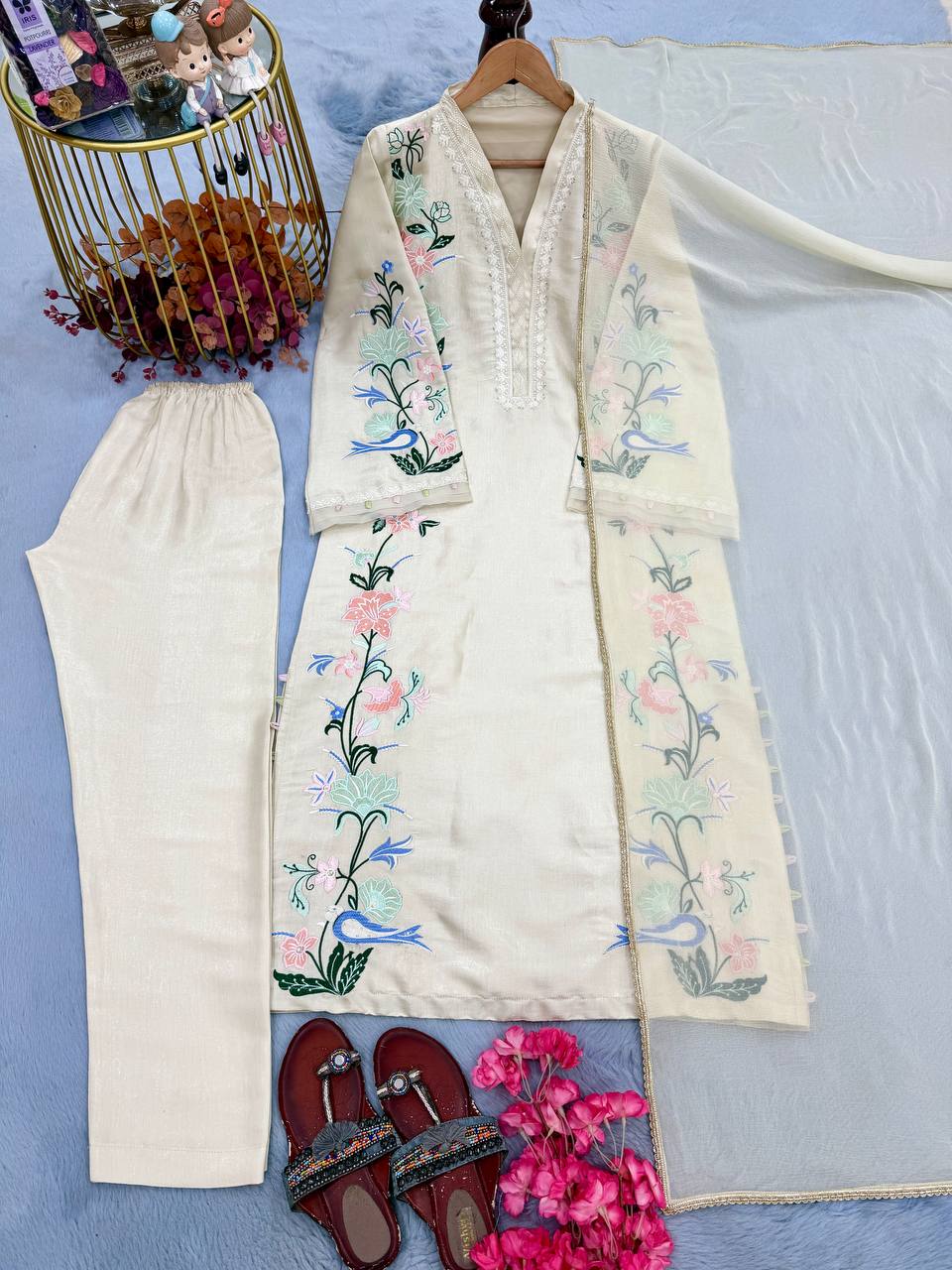 White Glass Embroidered Long Kaftan Set