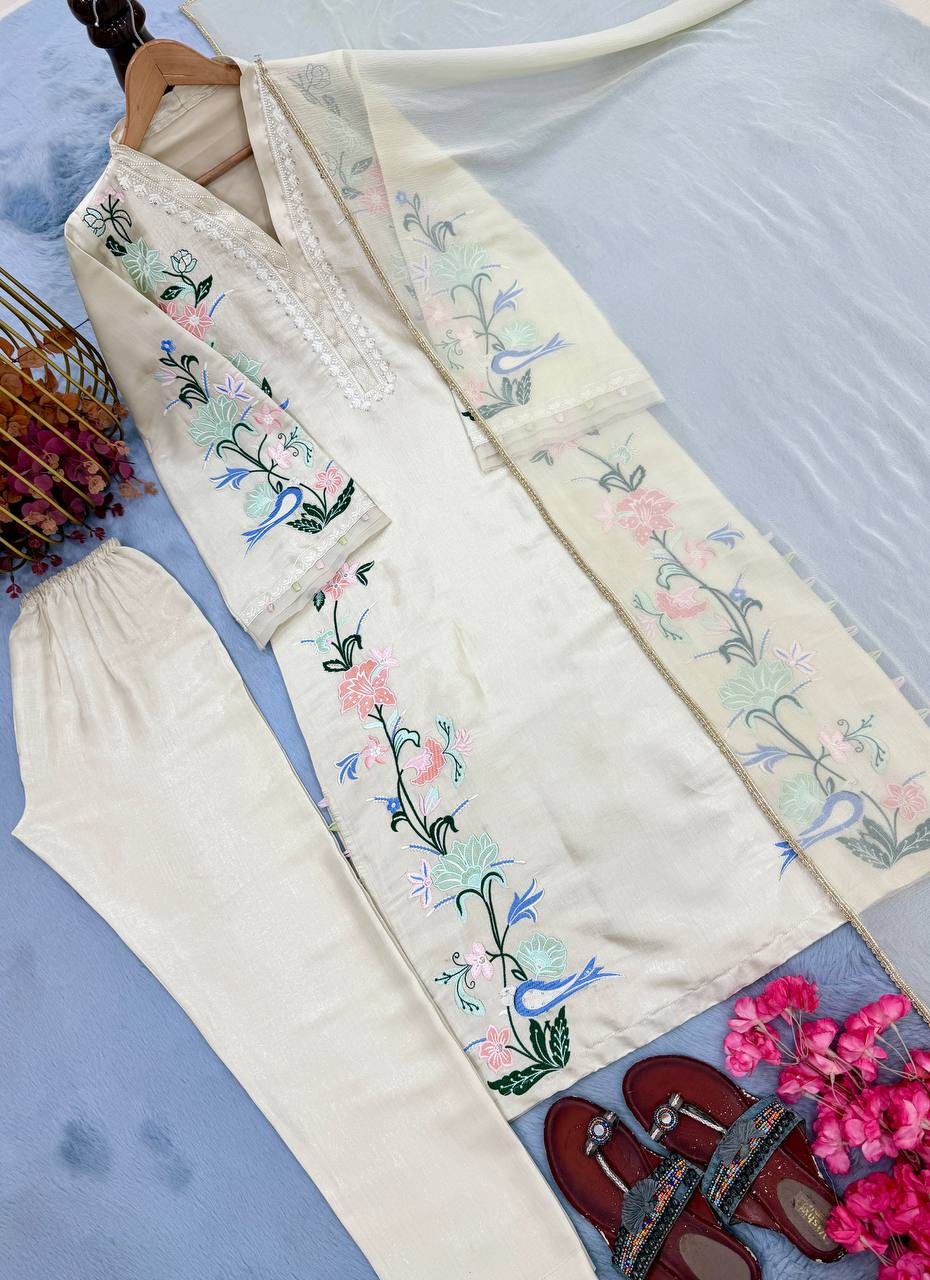 White Glass Embroidered Long Kaftan Set