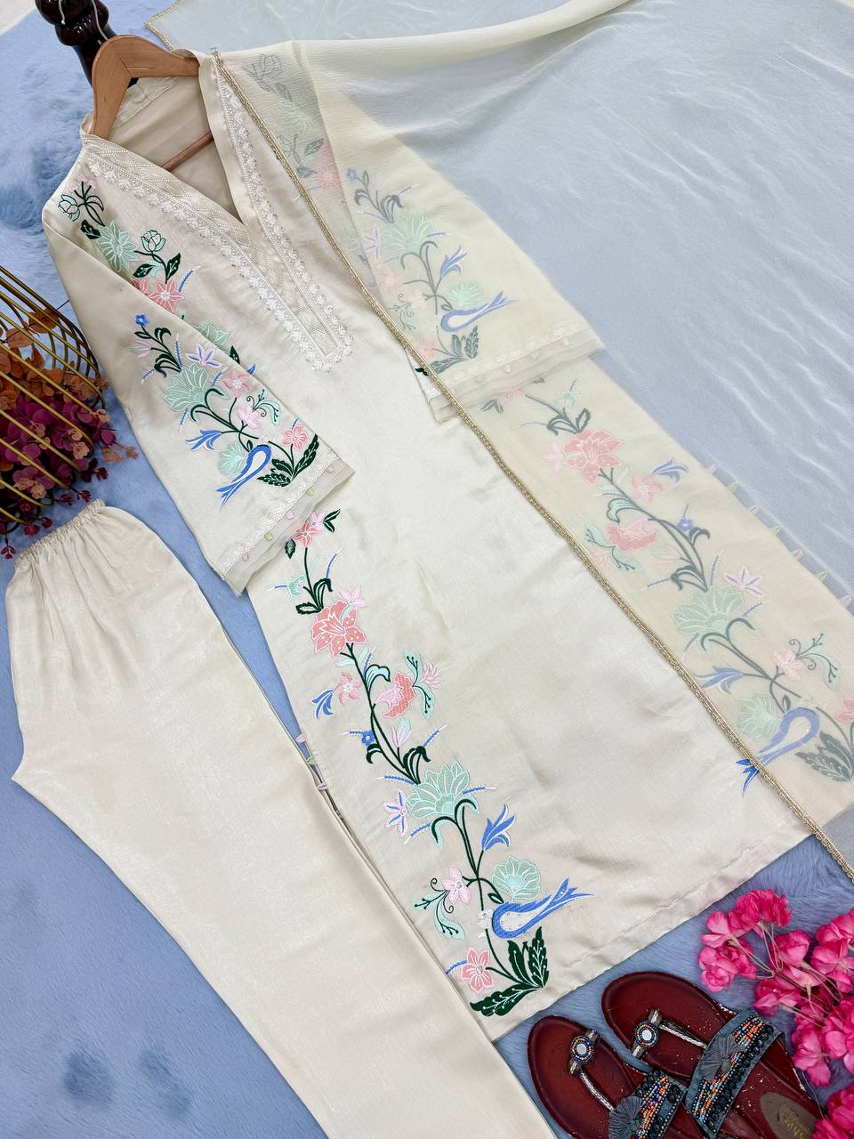 White Glass Embroidered Long Kaftan Set