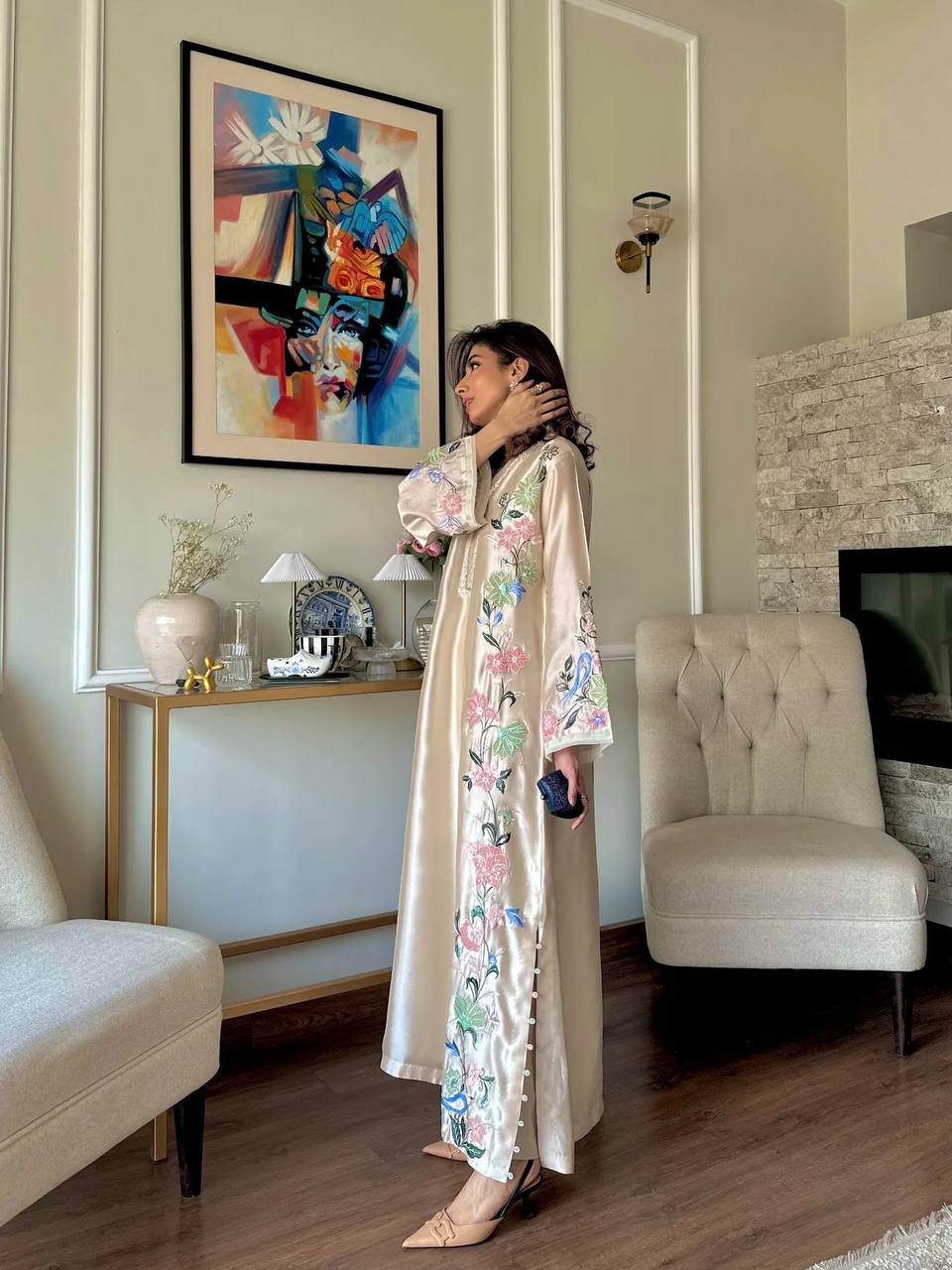 White Glass Embroidered Long Kaftan Set