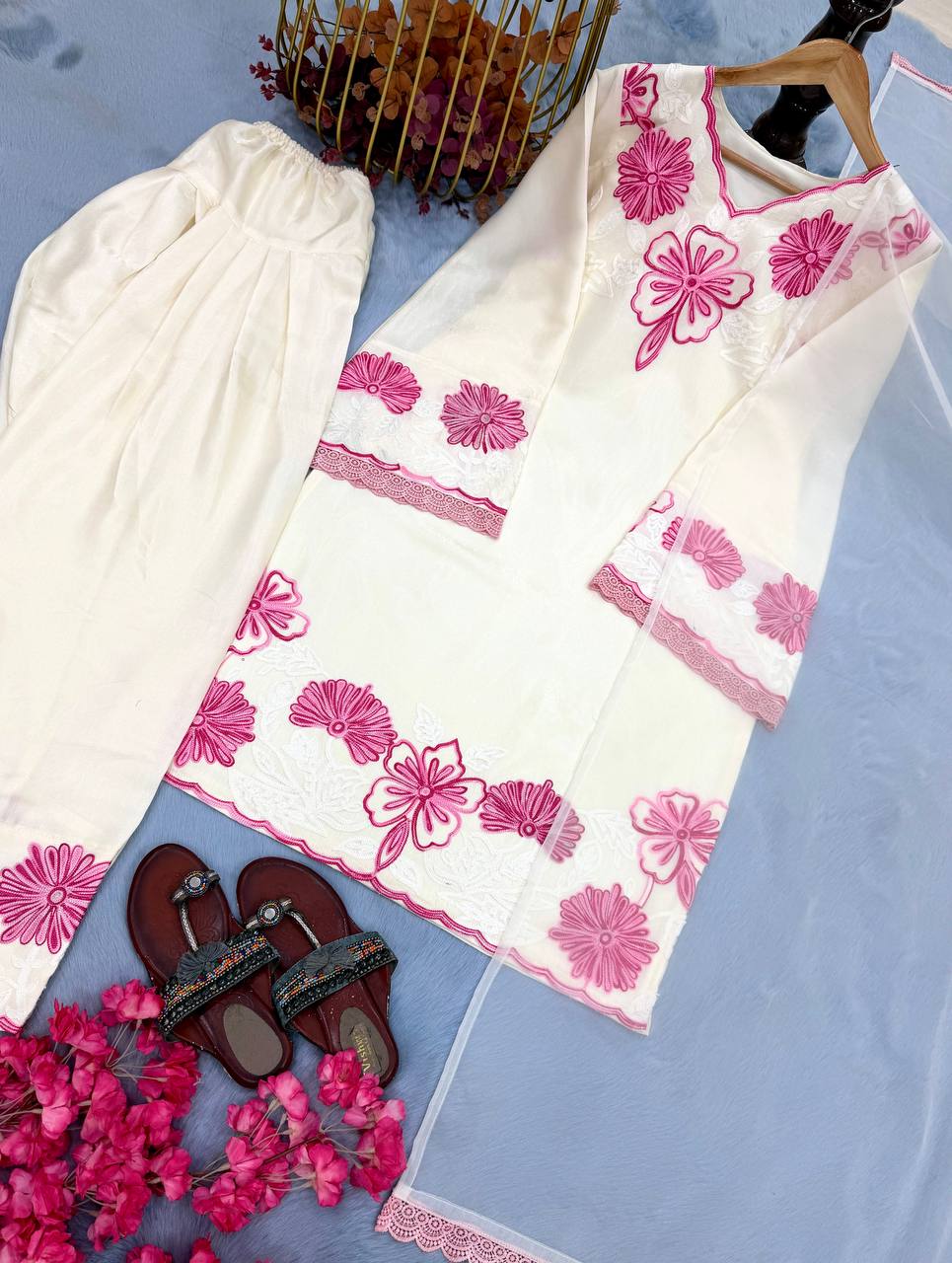 White Glass Satin Farshi Palazzo Set